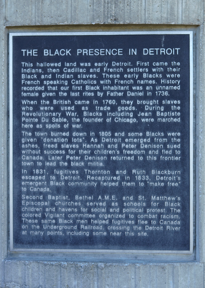 Text from a monument commemorating the Black Presence in Detroit. Photo ©2014 Look Around You Ventures LLC.